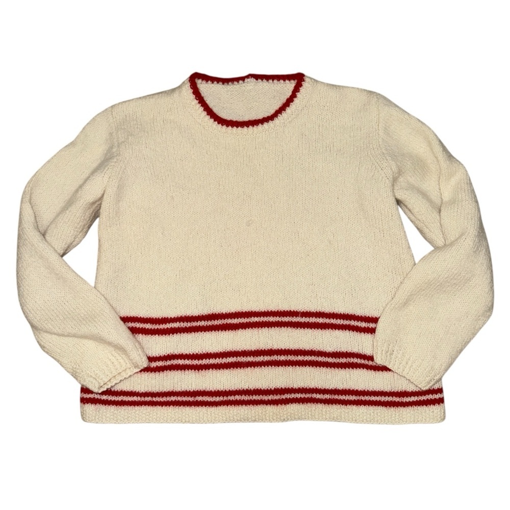 Vintage Unbranded Cream Wool Blend Knit Sweater Red Stripe Preppy Cottage core - Picture 1 of 7